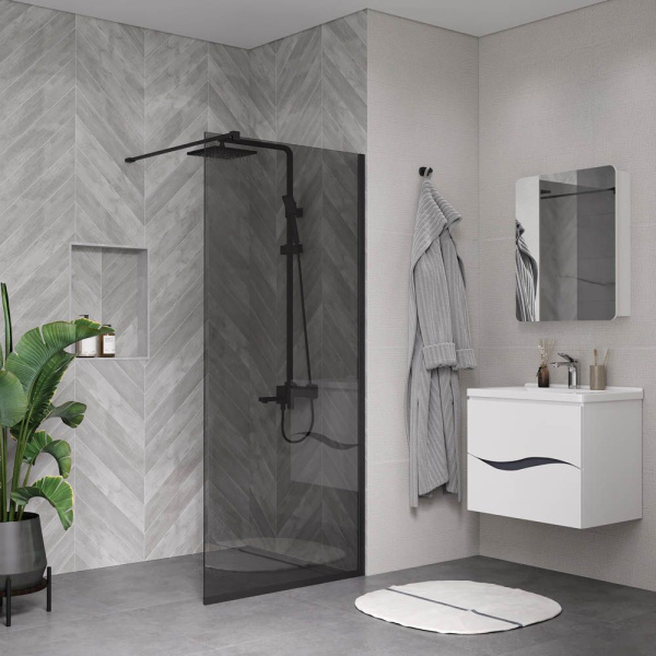 Душевая перегородка, ограждение Reflexion RX20090TBL-16 Walk in 200x90см, тонированное закаленное стекло 8мм, черный профиль