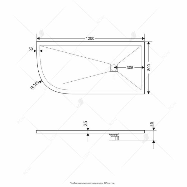 Душевой поддон асимметричный RGW ST/AR-W Белый 16154128-01R 80х120х2.5 см