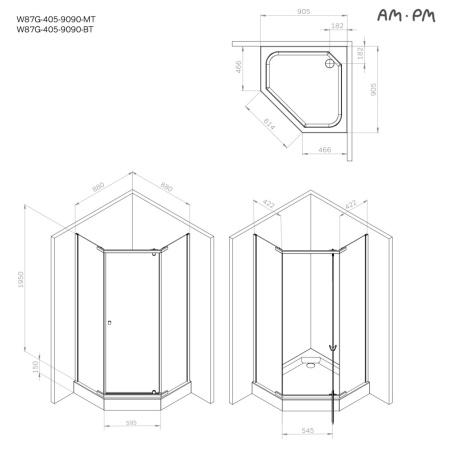 W87G-405-9090-BT Sunny Душевое ограждение AM.PM 5-угольное, распашн дверь 90x90 черный,стекло прозрачное