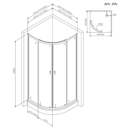 W88G-205-090MT64 X-Joy Twin Slide,  Душевое ограждение AM.PM без  поддона, 90x90, профиль мат хром