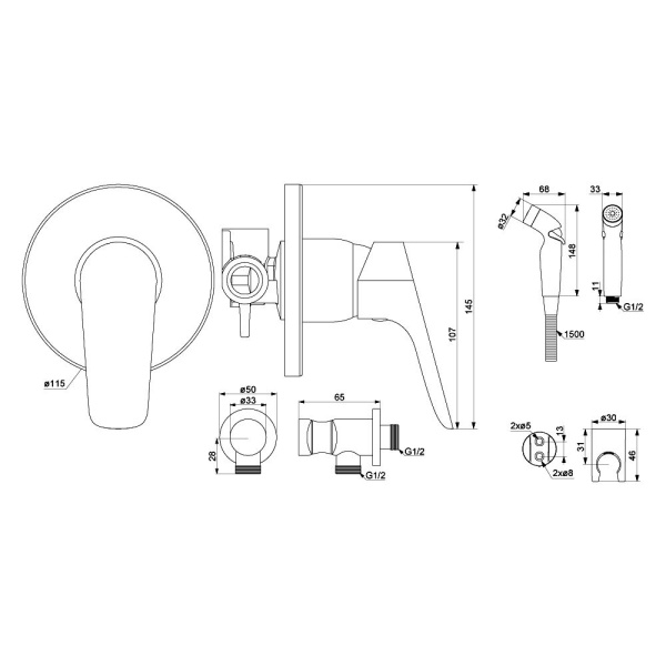 777510001 Jupiter Смеситель Damixa монтируемый в стену с гигиеническим душем, хром