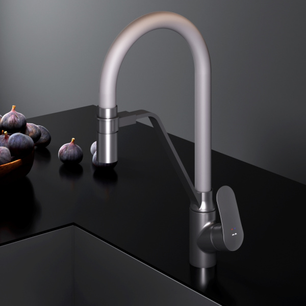 F8007825 Like, Смеситель для кухни AM.PM с каналом для питьевой воды и гибким изливом, черн., серый излив