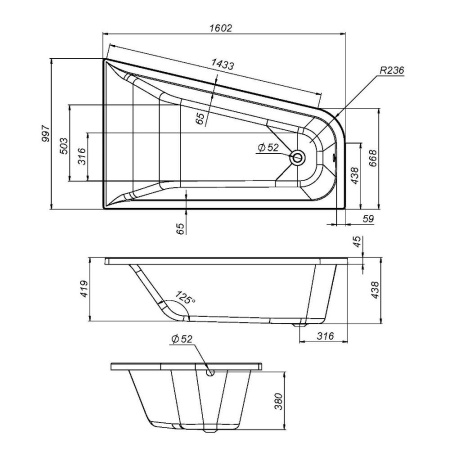 W72A-160R100W-A2 Ванна акриловая AM.PM spirit  ассиметричная 160x100, без слива/перелива, правосторонняя