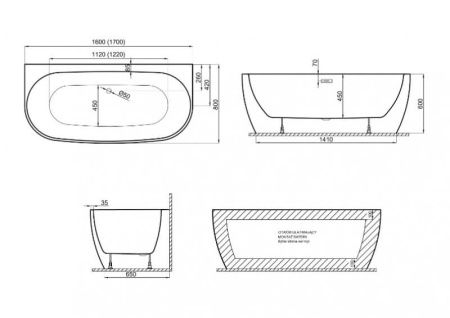 Ванна акриловая Polimat RISA 170x80 пристенная, черный глянец