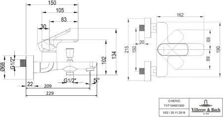 Смеситель для ванны Villeroy&Boch O.novo TVT10400100061 однорычажный