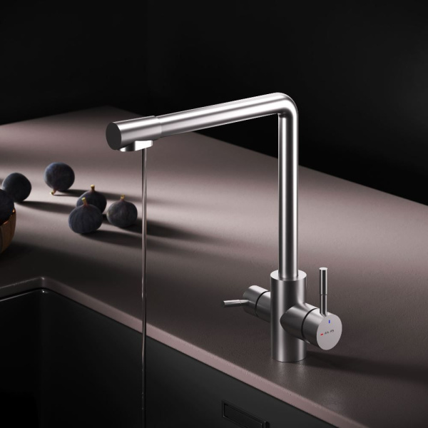 F85B05711 X-Joy S, Смеситель для кухни AM.PM с L-изливом с каналом для питьевой воды, сатин