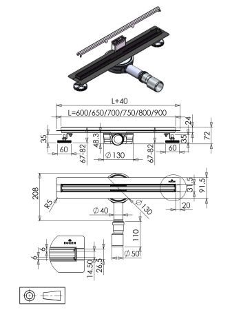 Душевой трап Roxen Chrome slim 91060-65 650x30x70