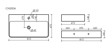 Умывальник Ceramicanova AURA с 1 отверстием для смесителя, без перелива 800*470*135мм, Белый, CN2006
