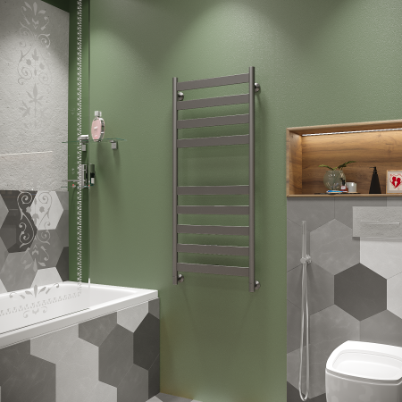 Полотенцесушитель водяной Stinox Napoli 500x1200, нижнее подключение, черный матовый, 1/2" ВР (внутренняя резьба), 9 перекладин