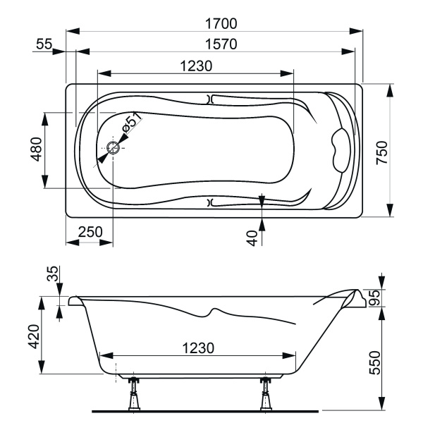 Акриловая ванна VAGNERPLAST CHARITKA 170x75
