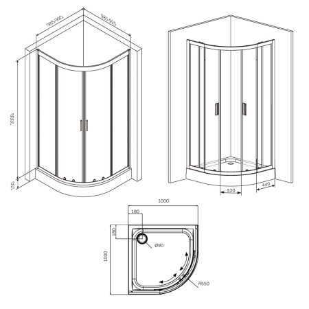W90G-401-100BT Душевое ограждение AM.PM Gem 1/4 Rond 100x100 стекло прозрачное, профиль черный матовый
