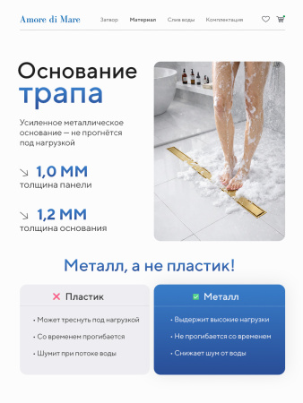 Трап для душа Amore di Mare Verso Gold SD-100BG, 1000х70 мм, оборачиваемый под плитку, золото