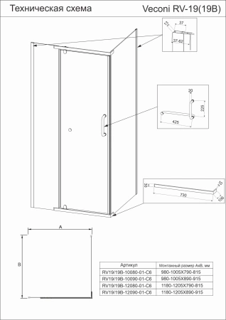 Душевой угол Veconi Rovigo RV-19, 1000х900х2000, хром, стекло прозрачное, RV19-10090-01-C6