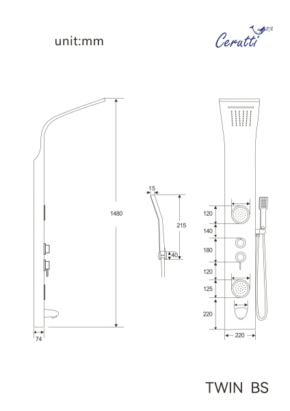 Панель TWIN BS душевая из нержавеющей стали с форсунками Ceruttispa CT9986, цвет хром