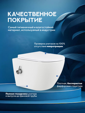 Унитаз подвесной безободковый Amore di Mare Lenza Tornado Bidet P252-XT с функцией биде, овальный белый, антивсплеск, фарфор, быстросъемное сиденье дюропласт с микролифт, антибактериальное покрытие