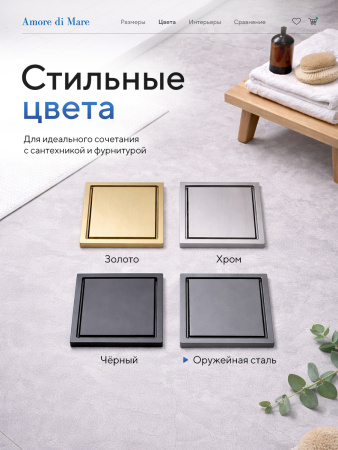 Трап для душа Amore di Mare Picco SD-15GM, 150х150 мм, оборачиваемый под плитку, оружейная сталь