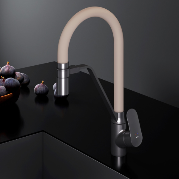 F8007826 Like, Смеситель для кухни AM.PM с каналом для питьевой воды и гибким изливом, черн., бежевый излив