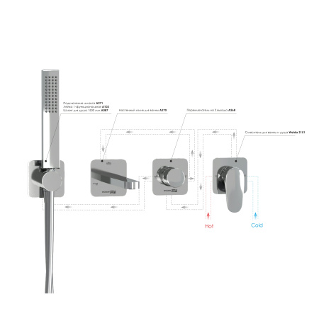 Встраиваемый комплект для ванны WasserKRAFT с лейкой и изливом A3151.268.270.271.087.103