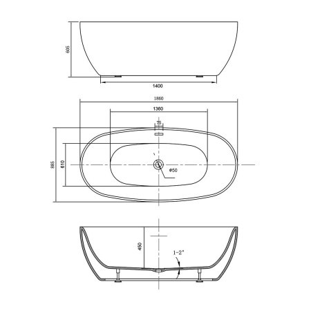 Ванна акриловая Vincea VBT-405-1860, 1860*885*605, цвет белый, щелевой перелив