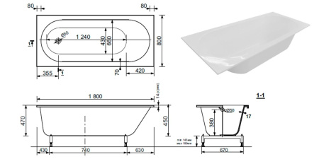 Ванна из литьевого мрамора Taliente Orta Stretto OR18080Stretto 180х80 пристенная прямоугольная тонкий борт