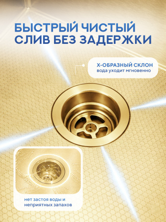 Мойка для кухни из нержавеющей стали Amore di Mare Favo Pelle FP5048G-1, 500х480х220 мм: мойка, дозатор, сифон. Цвет: золото.