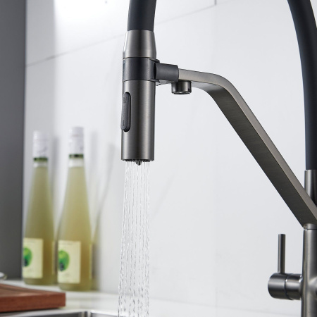 Смеситель для кухни с гибким изливом и подключением фильтра Shevanik S278T, оружейная сталь