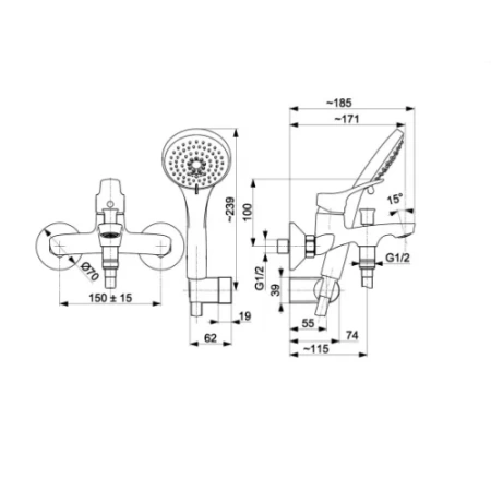 Смеситель для душа и ванны Armatura MORRIS 5244-510-00 с лейкой, хром