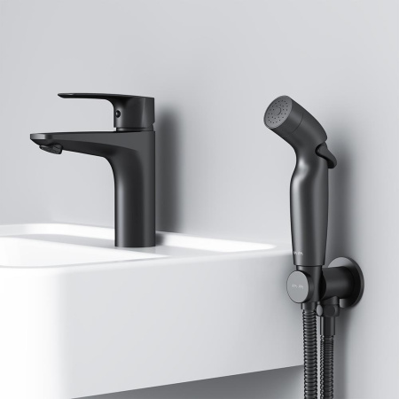 F90A03022 Gem Смеситель для умывальника AM.PM с гиг.душем, излив 99 мм, черный