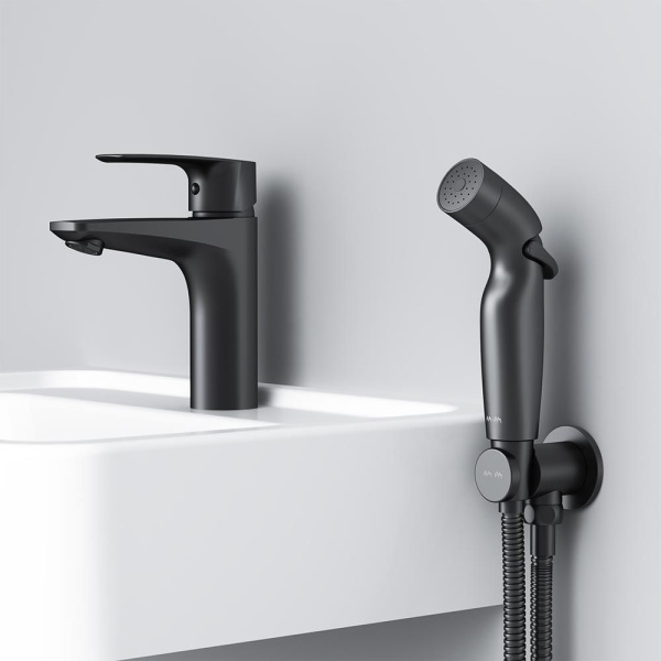 F90A03022 Gem Смеситель для умывальника AM.PM с гиг.душем, излив 99 мм, черный