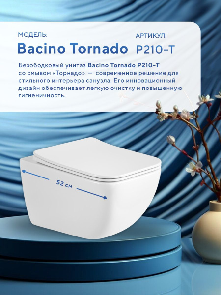 Унитаз подвесной безободковый Amore di Mare Bacino Tornado P210-T, антивсплеск, фарфоровый, быстросъемное сиденье дюропласт с крышкой микролифт, чаша с антибактериальным покрытием