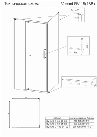 Душевой угол Veconi Rovigo RV-18B, 900x900x2000, черный, стекло прозрачное, RV18B-90-01-C6