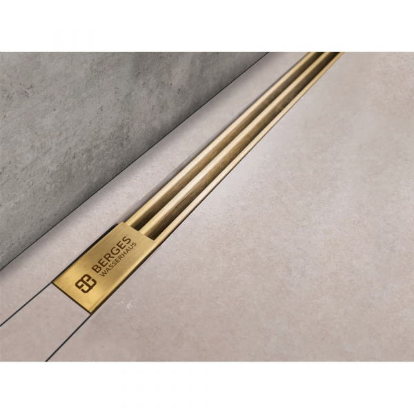 Желоб BERGES водосток напольный SUPER Slim 1000 нержавеющая сталь золото глянец S-сифон D50/110 вертикальный