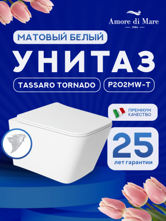 Унитаз подвесной безободковый Amore di Mare Tassaro Tornado P202MW-T Matte White, прямоугольный белый матовый, антивсплеск, фарфоровый, быстросъемное сиденье дюропласт с крышкой микролифт