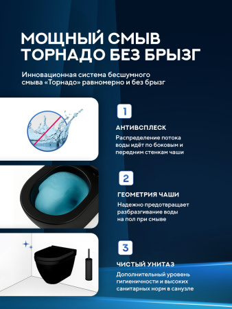 Унитаз подвесной безободковый Amore di Mare Delio Tornado P203MB-T Matte Black, овальный черный матовый, антивсплеск, фарфор, быстросъемное сиденье дюропласт с микролифт, антибактериальное покрытие