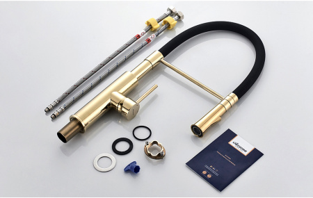 Смеситель для мойки Accoona А4890WF-1 гибкий излив с держателем, черный/золото