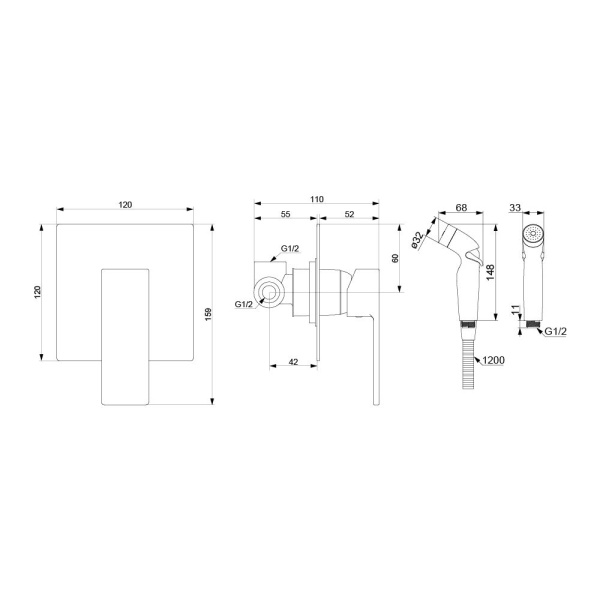 537510300 Gala Смеситель Damixa монтируемый в стену с гигиеническим душем, черный