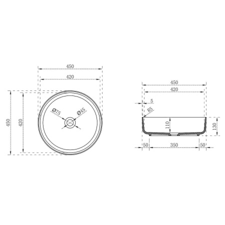 Раковина прозрачная Vincea VBS-6T16B, 450*450*130, накладная, цвет черный