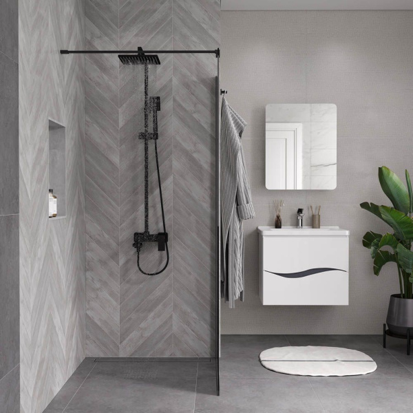 Душевая перегородка, ограждение Reflexion RX20090CBL-14 Walk in 200x90см, прозрачное закаленное стекло 8мм, черный профиль