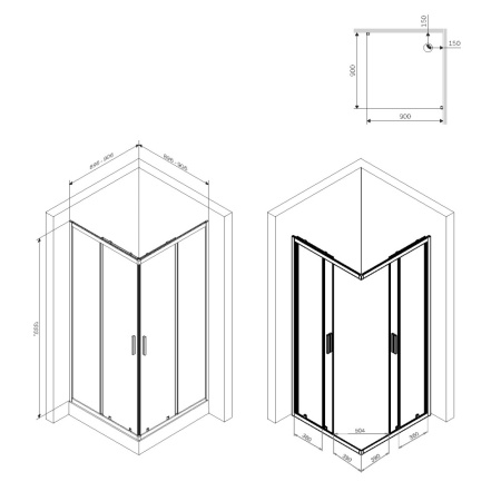 W93G-403-090BT Душевое ограждение AM.PM Gem S Square Slide 90x90 стекло прозрачное, профиль черный матовый