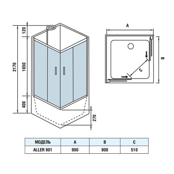 Душевая кабина WeltWasser WW500 ALLER 901 900х900х2170 мм