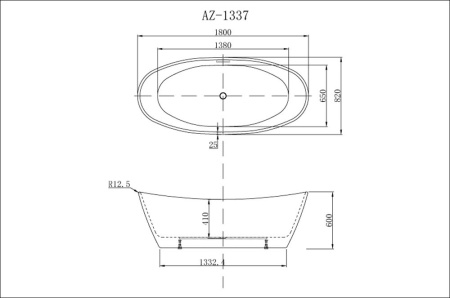 Ванна акриловая Azario EASTON 1800x820x600 мм., белая с черными внешними стенками, свободностоящая, в комплекте с сифоном и металлической рамой