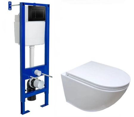 Комплект инсталляции Berges Аtom 410 с черной кнопкой и подвесной безободковый унитаз с функцией торнадо Cerutti SPA SELLA Aria Tornado CT9529