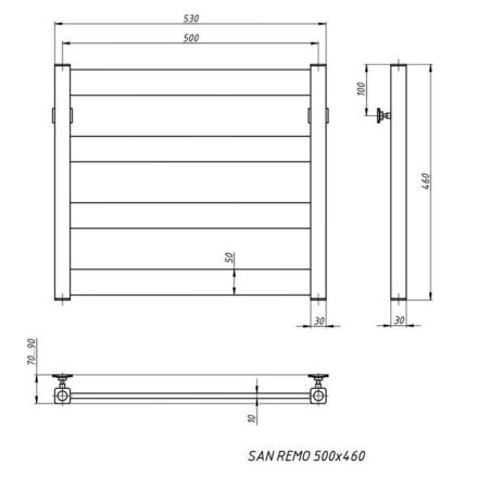 Полотенцесушитель водяной Stinox San Remo 500x500, нижнее подключение, черный матовый, 1/2" ВР (внутренняя резьба), 4 перекладины