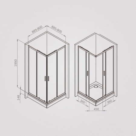 W90G-403-9090MT Gem Душевое ограждение AM.PM квадратн.,раздвиж.двери 90x90 хром мат.,стекло прозрачное