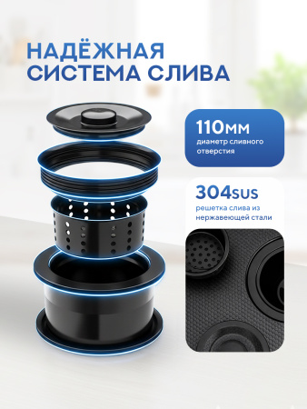 Мойка для кухни из нержавеющей стали Amore di Mare Favo Pelle FP5048B-2, 500х480х220 мм: мойка, корзина, дозатор, сифон. Цвет: черный.