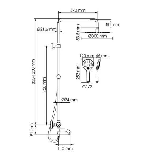 Душевая система WasserKRAFT A288.160.078.BM Thermo с термостатическим смесителем