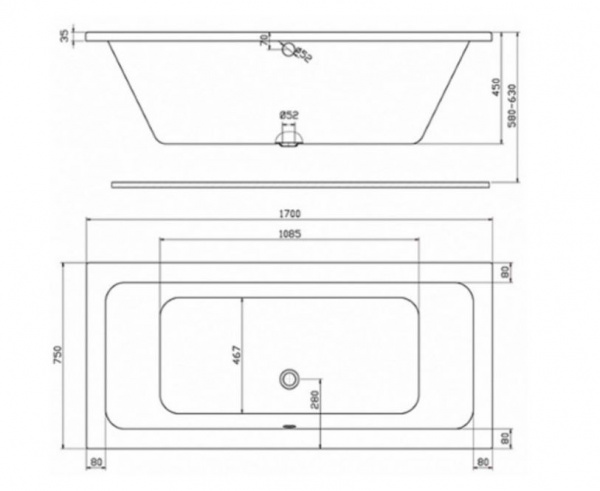 Акриловая ванна Kolo Modo XWP1171000, 170x75, с ножками, центральный слив