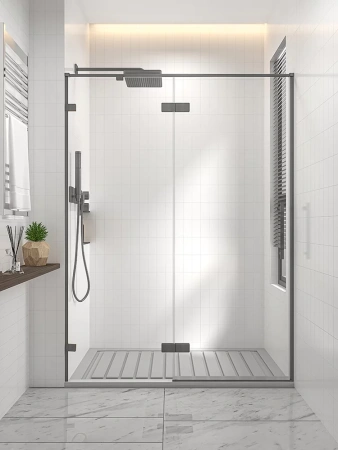 Душевая дверь распашная Veconi Premium Alassio GR, 1400х2000, брашированный графит, стекло прозрачное осветленное
