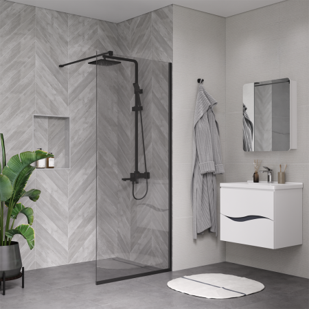 Душевая перегородка, ограждение Reflexion RX20090CBL-14 Walk in 200x90см, прозрачное закаленное стекло 8мм, черный профиль