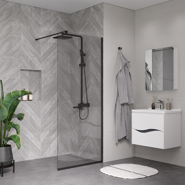 Душевая перегородка, ограждение Reflexion RX20090CBL-14 Walk in 200x90см, прозрачное закаленное стекло 8мм, черный профиль